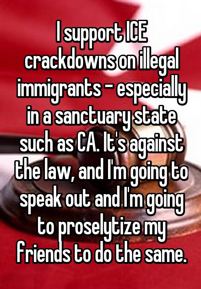 I support ICE crackdowns on illegal immigrants - especially in a sanctuary state such as CA. It's against the law, and I'm going to speak out and I'm going to proselytize my friends to do the same.