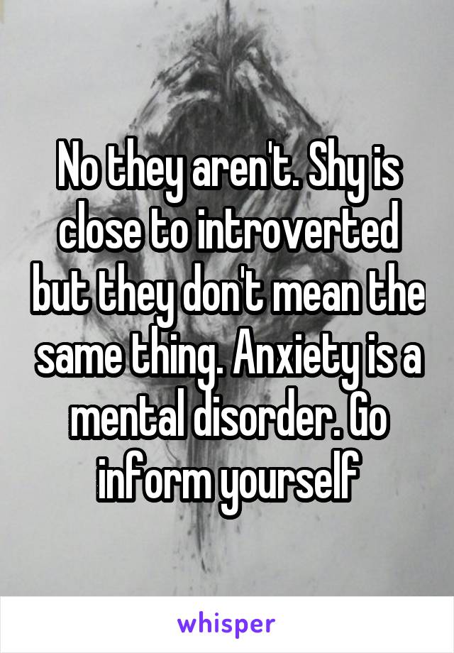 No they aren't. Shy is close to introverted but they don't mean the same thing. Anxiety is a mental disorder. Go inform yourself