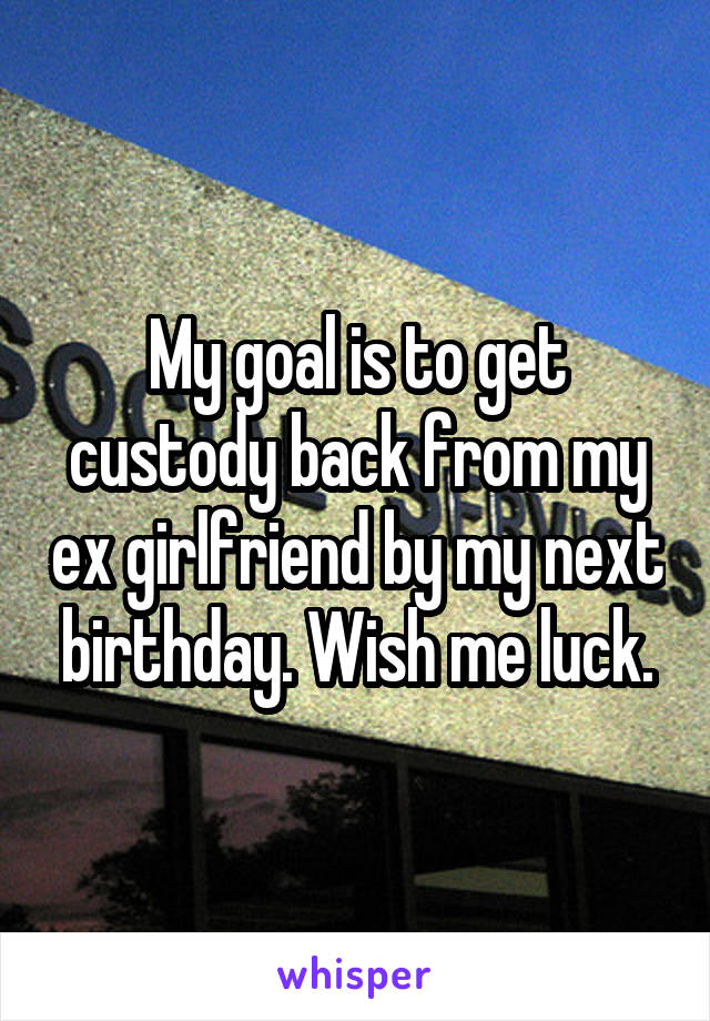 My goal is to get custody back from my ex girlfriend by my next birthday. Wish me luck.