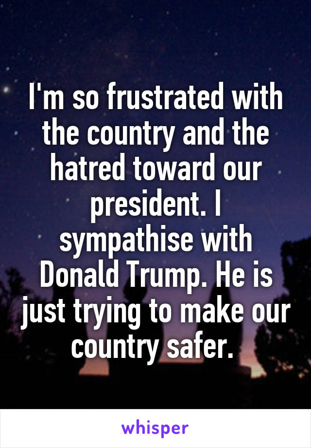 I'm so frustrated with the country and the hatred toward our president. I sympathise with Donald Trump. He is just trying to make our country safer. 