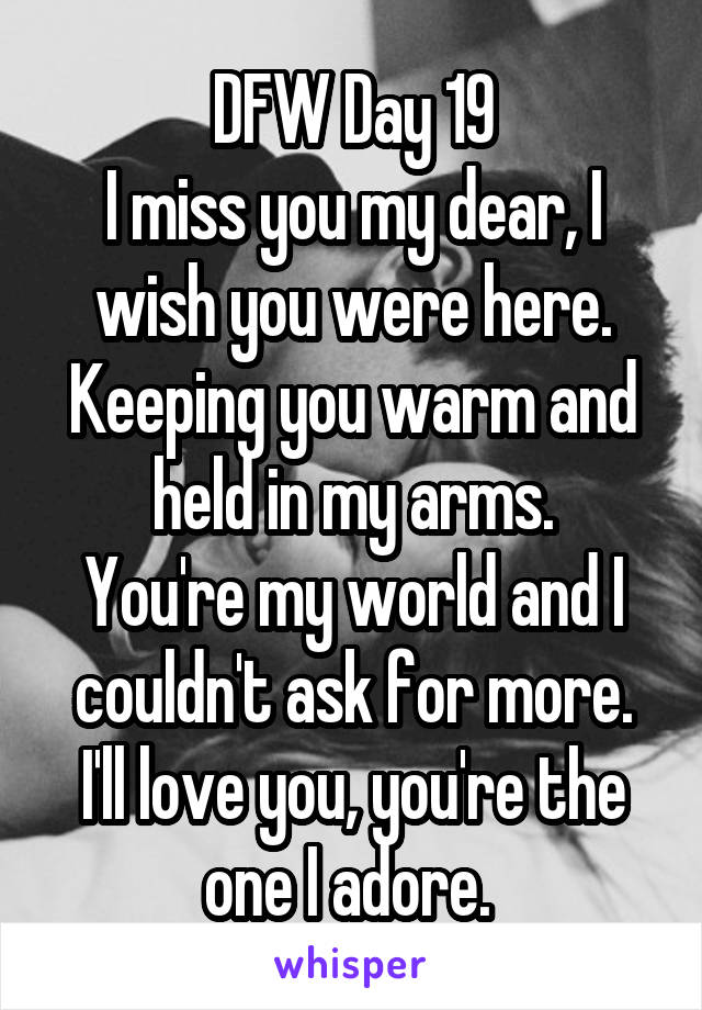 DFW Day 19
I miss you my dear, I wish you were here.
Keeping you warm and held in my arms.
You're my world and I couldn't ask for more.
I'll love you, you're the one I adore. 