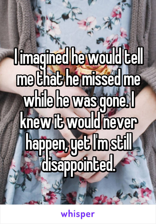 I imagined he would tell me that he missed me while he was gone. I knew it would never happen, yet I'm still disappointed.