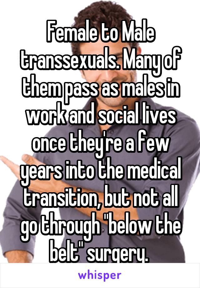 Female to Male transsexuals. Many of them pass as males in work and social lives once they're a few years into the medical transition, but not all go through "below the belt" surgery. 