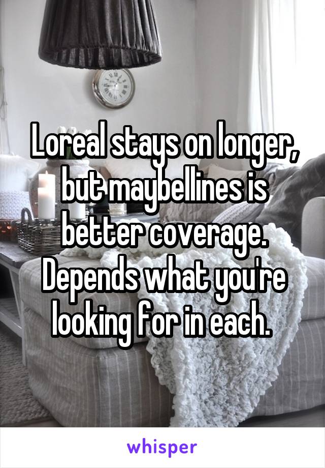Loreal stays on longer, but maybellines is better coverage. Depends what you're looking for in each. 