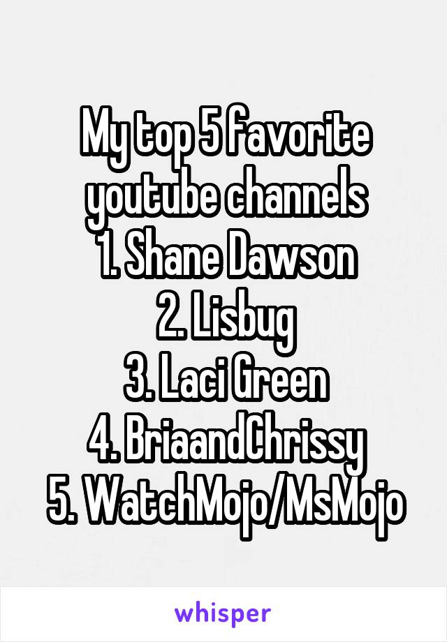 My top 5 favorite youtube channels
1. Shane Dawson
2. Lisbug
3. Laci Green
4. BriaandChrissy
5. WatchMojo/MsMojo
