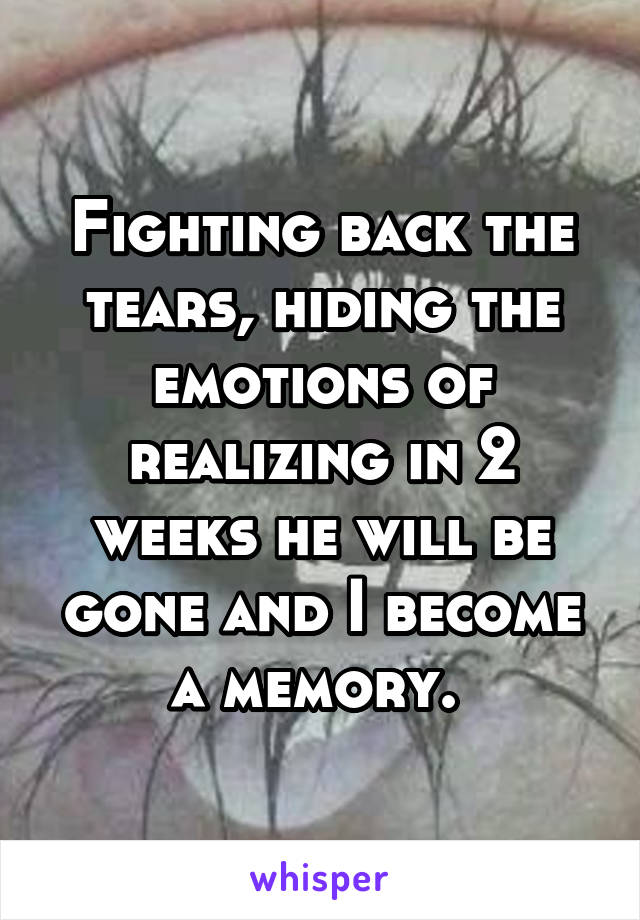 Fighting back the tears, hiding the emotions of realizing in 2 weeks he will be gone and I become a memory. 