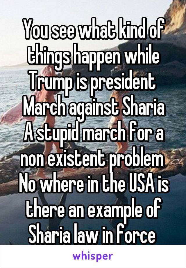 You see what kind of things happen while Trump is president 
March against Sharia
A stupid march for a non existent problem 
No where in the USA is there an example of Sharia law in force 
