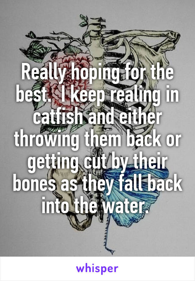 Really hoping for the best.  I keep realing in catfish and either throwing them back or getting cut by their bones as they fall back into the water. 