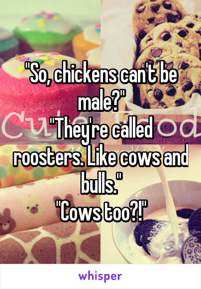 "So, chickens can't be male?"
"They're called roosters. Like cows and bulls."
"Cows too?!"