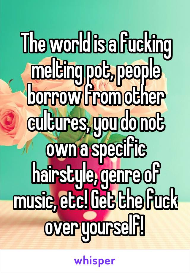 The world is a fucking melting pot, people borrow from other cultures, you do not own a specific hairstyle, genre of music, etc! Get the fuck over yourself! 