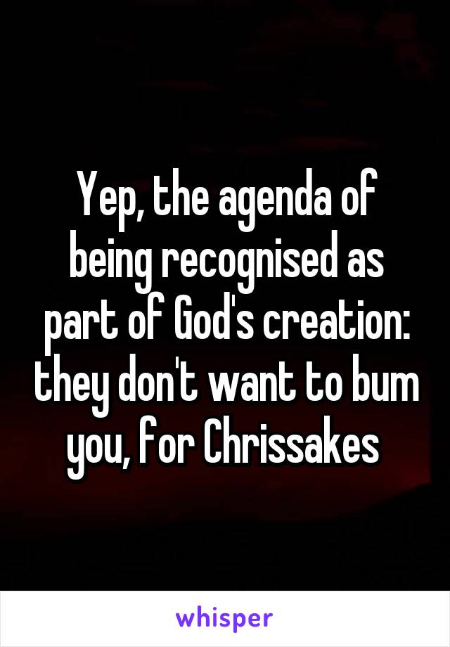 Yep, the agenda of being recognised as part of God's creation: they don't want to bum you, for Chrissakes 