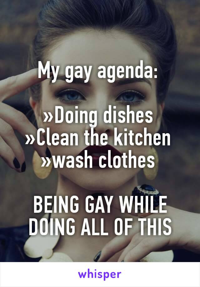 My gay agenda: 

»Doing dishes 
»Clean the kitchen 
»wash clothes 

BEING GAY WHILE DOING ALL OF THIS