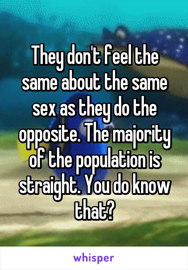 They don't feel the same about the same sex as they do the opposite. The majority of the population is straight. You do know that?