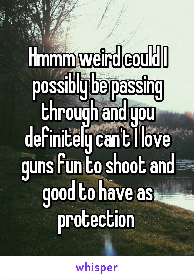 Hmmm weird could I possibly be passing through and you definitely can't I love guns fun to shoot and good to have as protection 