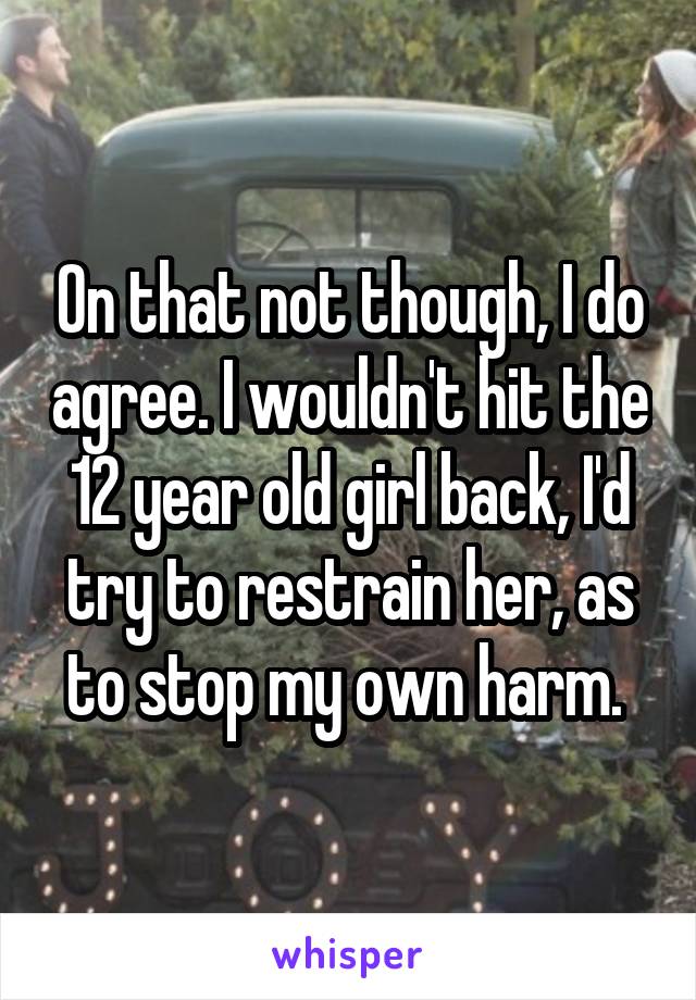 On that not though, I do agree. I wouldn't hit the 12 year old girl back, I'd try to restrain her, as to stop my own harm. 