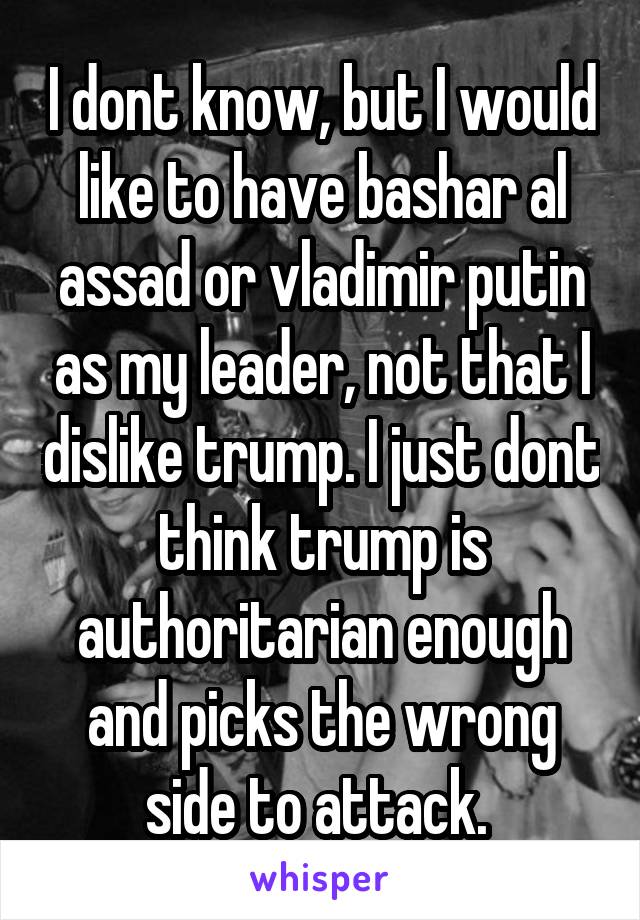 I dont know, but I would like to have bashar al assad or vladimir putin as my leader, not that I dislike trump. I just dont think trump is authoritarian enough and picks the wrong side to attack. 