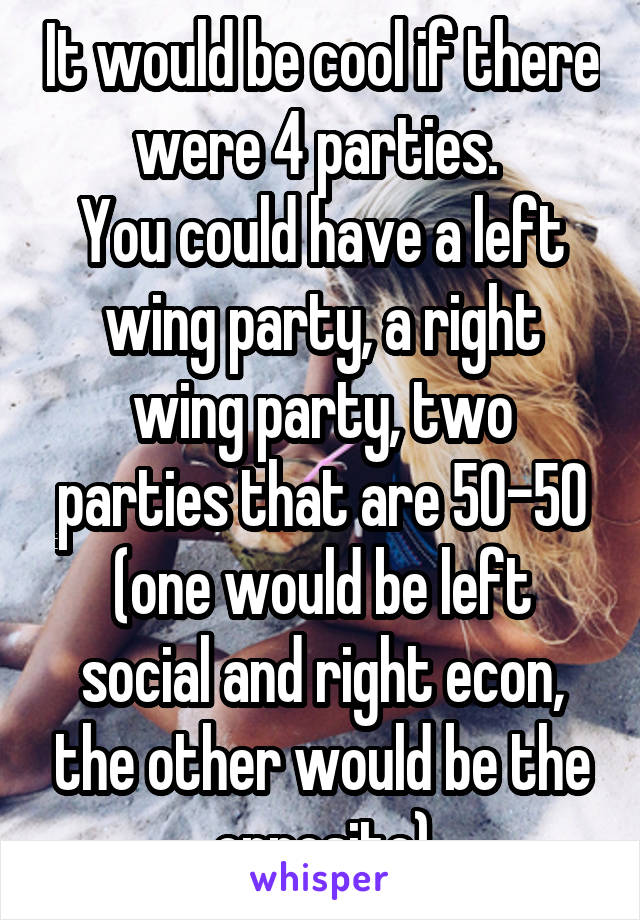 It would be cool if there were 4 parties. 
You could have a left wing party, a right wing party, two parties that are 50-50 (one would be left social and right econ, the other would be the opposite)