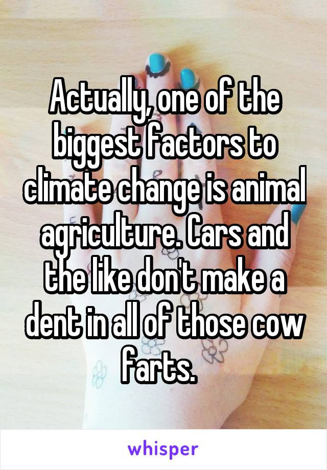 Actually, one of the biggest factors to climate change is animal agriculture. Cars and the like don't make a dent in all of those cow farts.  