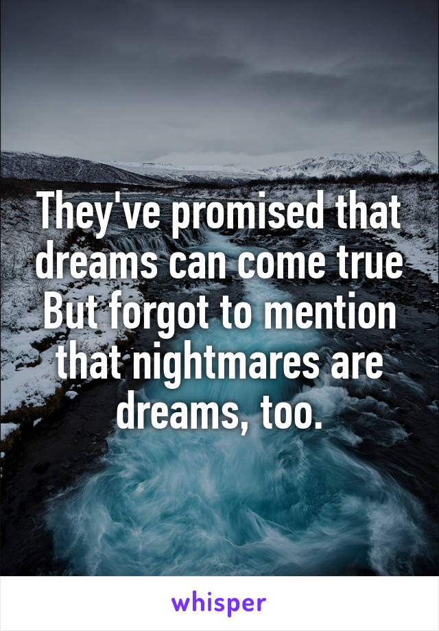 They've promised that dreams can come true
But forgot to mention that nightmares are dreams, too.