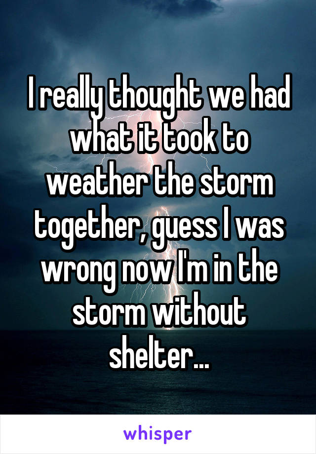 I really thought we had what it took to weather the storm together, guess I was wrong now I'm in the storm without shelter...