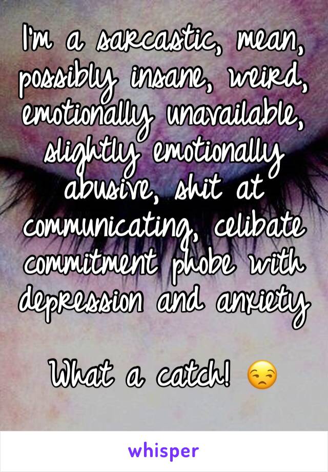 I'm a sarcastic, mean, possibly insane, weird, emotionally unavailable, slightly emotionally abusive, shit at communicating, celibate commitment phobe with depression and anxiety 

What a catch! 😒