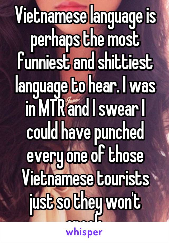 Vietnamese language is perhaps the most funniest and shittiest language to hear. I was in MTR and I swear I could have punched every one of those Vietnamese tourists just so they won't speak.