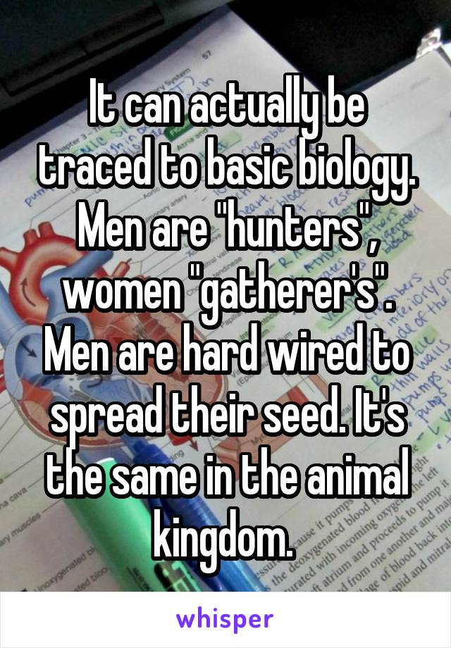 It can actually be traced to basic biology. Men are "hunters", women "gatherer's". Men are hard wired to spread their seed. It's the same in the animal kingdom. 