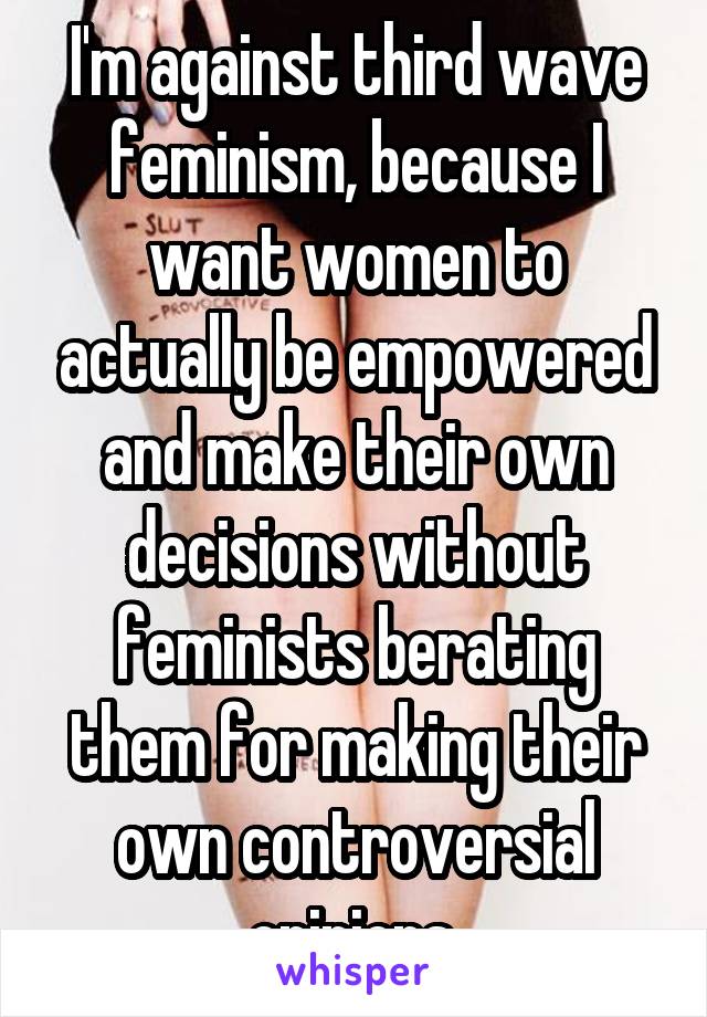 I'm against third wave feminism, because I want women to actually be empowered and make their own decisions without feminists berating them for making their own controversial opinions.