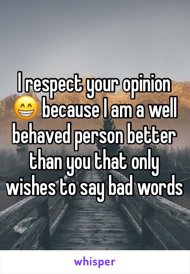 I respect your opinion 😁 because I am a well behaved person better than you that only wishes to say bad words 