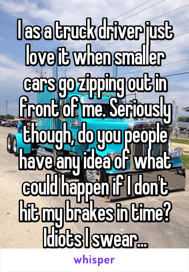 I as a truck driver just love it when smaller cars go zipping out in front of me. Seriously though, do you people have any idea of what could happen if I don't hit my brakes in time? Idiots I swear...