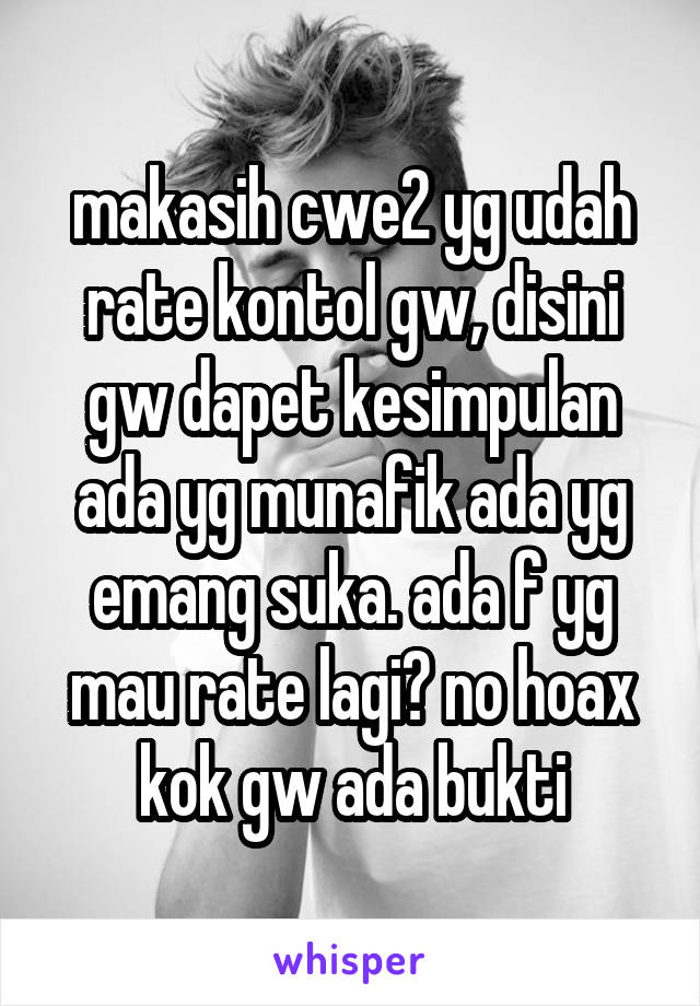 makasih cwe2 yg udah rate kontol gw, disini gw dapet kesimpulan ada yg munafik ada yg emang suka. ada f yg mau rate lagi? no hoax kok gw ada bukti