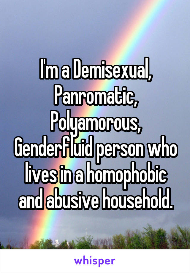 I'm a Demisexual, Panromatic, Polyamorous, Genderfluid person who lives in a homophobic and abusive household.