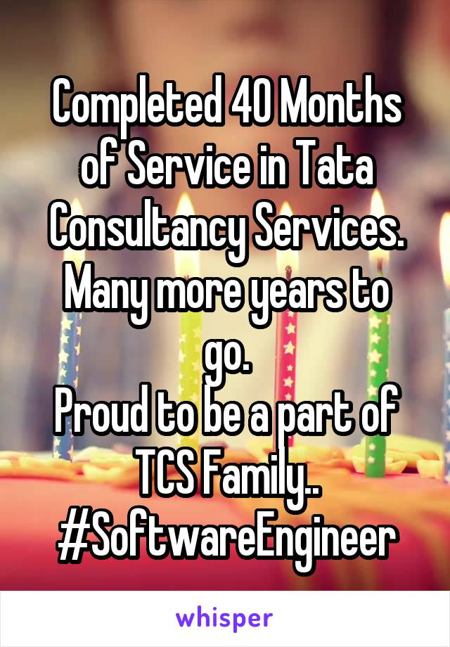 Completed 40 Months of Service in Tata Consultancy Services.
Many more years to go.
Proud to be a part of TCS Family..
#SoftwareEngineer