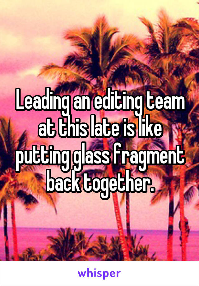 Leading an editing team at this late is like putting glass fragment back together.