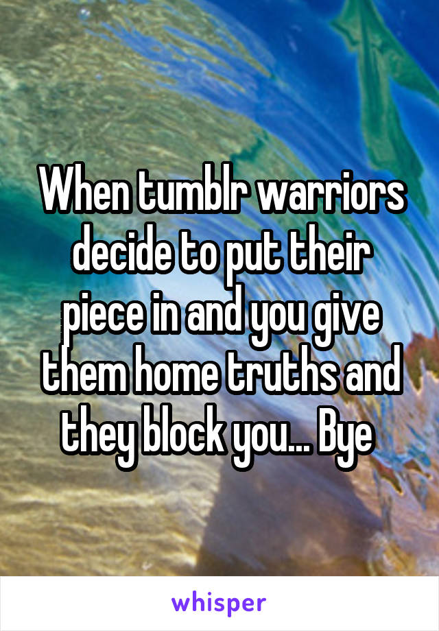 When tumblr warriors decide to put their piece in and you give them home truths and they block you... Bye 