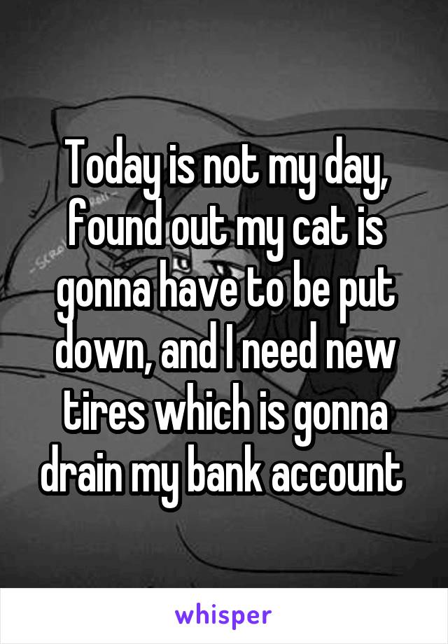 Today is not my day, found out my cat is gonna have to be put down, and I need new tires which is gonna drain my bank account 