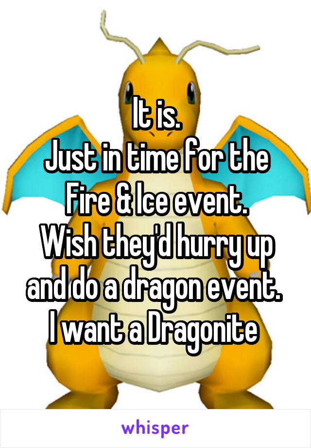 It is.
Just in time for the Fire & Ice event.
Wish they'd hurry up and do a dragon event. 
I want a Dragonite 