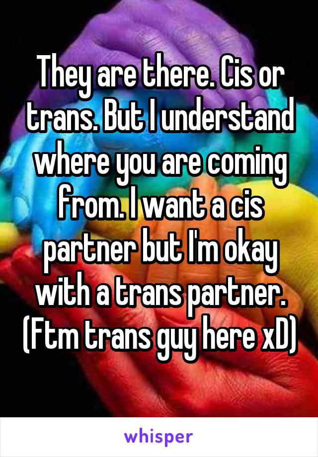 They are there. Cis or trans. But I understand where you are coming from. I want a cis partner but I'm okay with a trans partner. (Ftm trans guy here xD) 