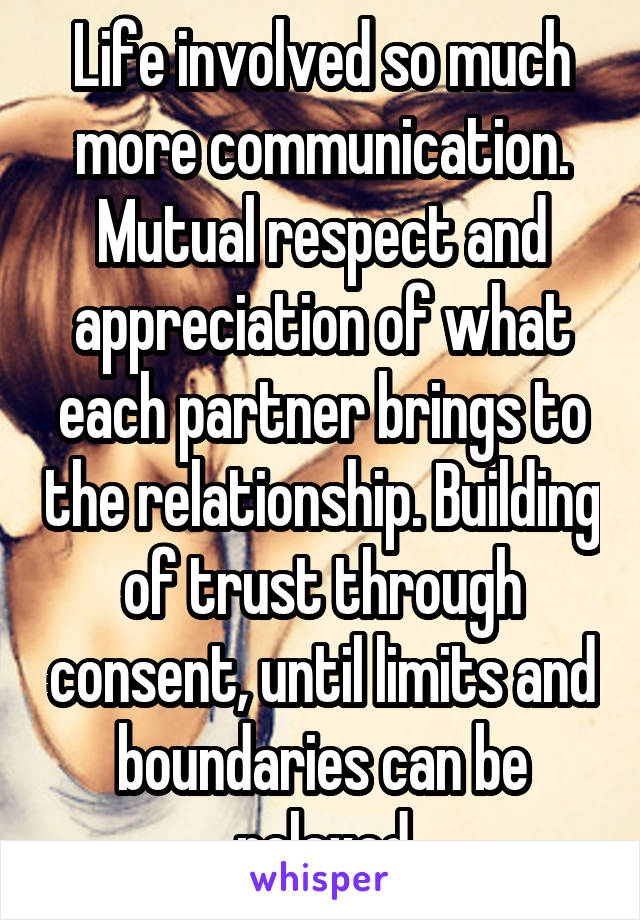 Life involved so much more communication. Mutual respect and appreciation of what each partner brings to the relationship. Building of trust through consent, until limits and boundaries can be relaxed