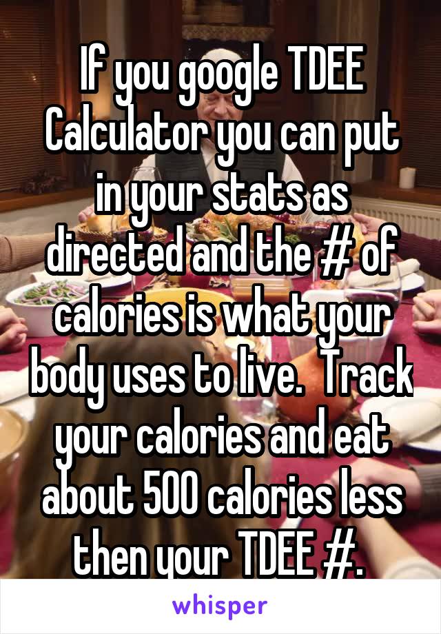 If you google TDEE Calculator you can put in your stats as directed and the # of calories is what your body uses to live.  Track your calories and eat about 500 calories less then your TDEE #. 