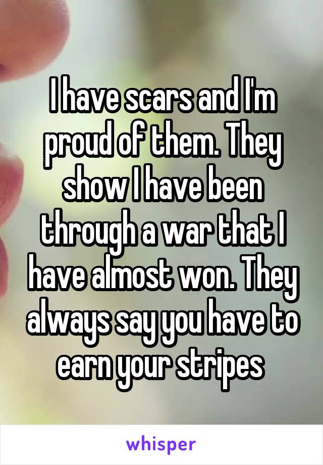 I have scars and I'm proud of them. They show I have been through a war that I have almost won. They always say you have to earn your stripes 