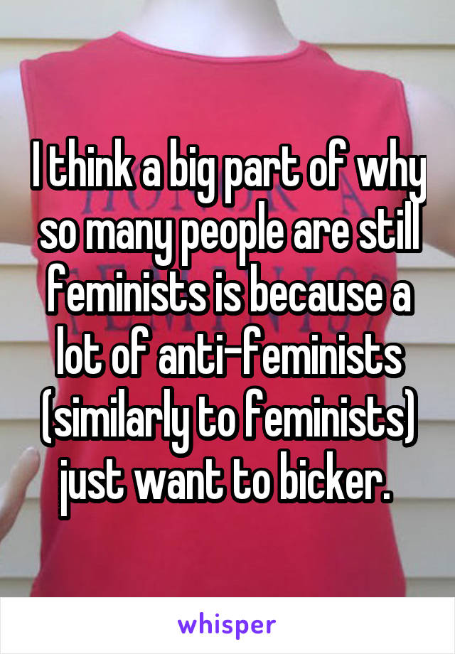 I think a big part of why so many people are still feminists is because a lot of anti-feminists (similarly to feminists) just want to bicker. 