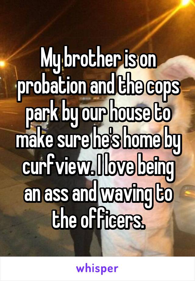 My brother is on probation and the cops park by our house to make sure he's home by curfview. I love being an ass and waving to the officers.