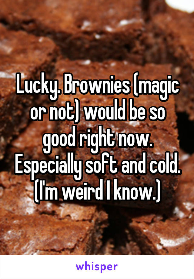 Lucky. Brownies (magic or not) would be so good right now. Especially soft and cold. (I'm weird I know.)