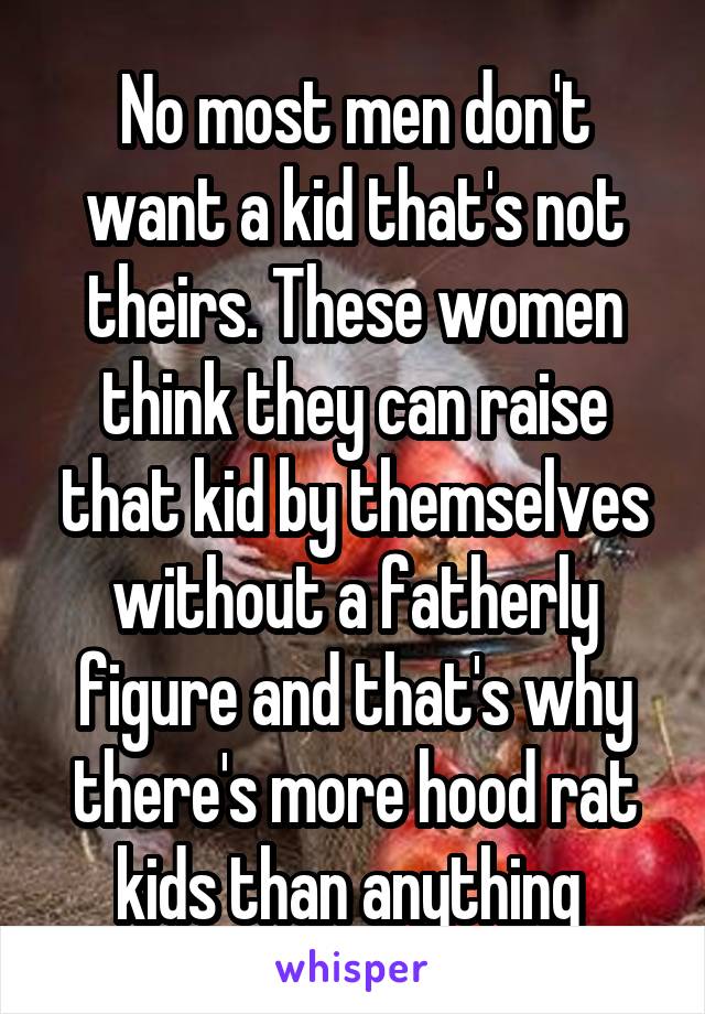 No most men don't want a kid that's not theirs. These women think they can raise that kid by themselves without a fatherly figure and that's why there's more hood rat kids than anything 