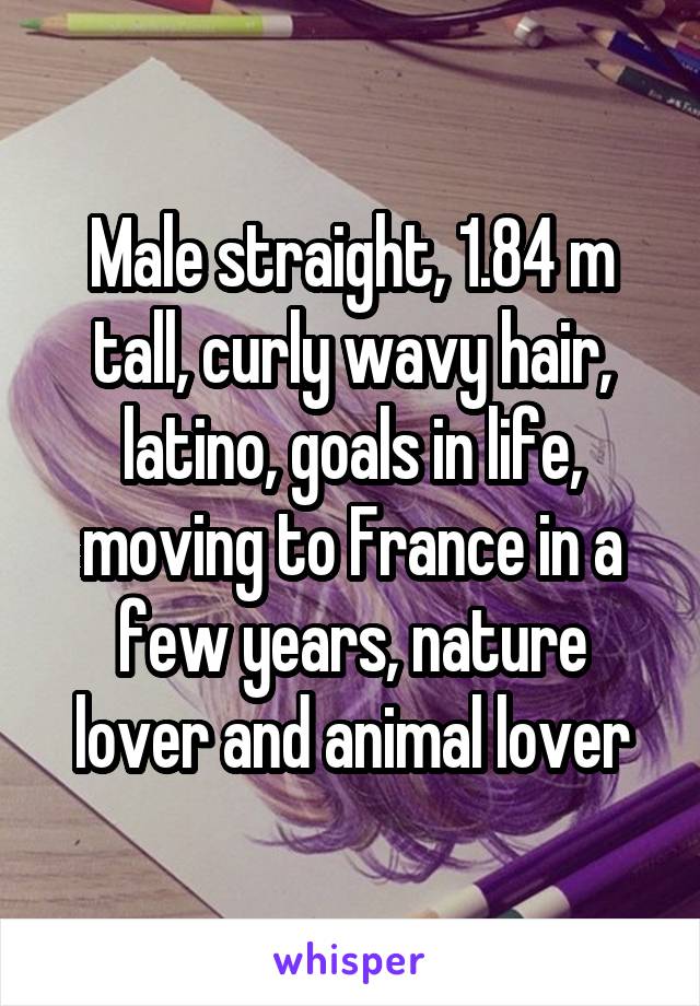 Male straight, 1.84 m tall, curly wavy hair, latino, goals in life, moving to France in a few years, nature lover and animal lover