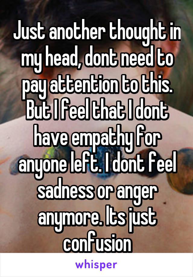 Just another thought in my head, dont need to pay attention to this.
But I feel that I dont have empathy for anyone left. I dont feel sadness or anger anymore. Its just confusion