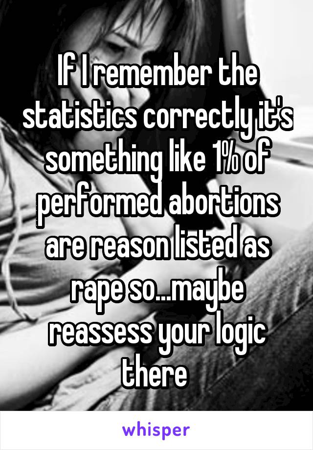 If I remember the statistics correctly it's something like 1% of performed abortions are reason listed as rape so...maybe reassess your logic there 