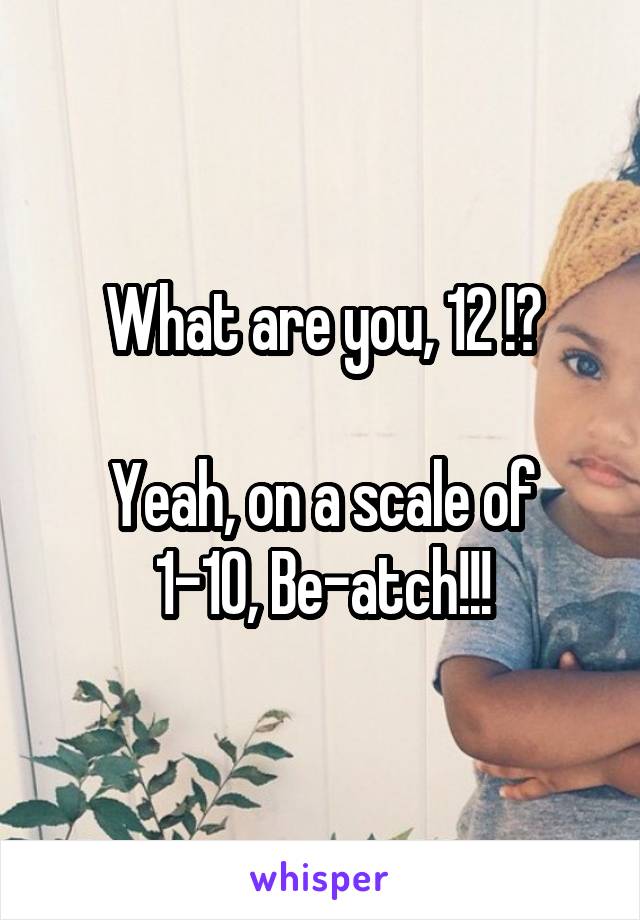 What are you, 12 !?

Yeah, on a scale of 1-10, Be-atch!!!