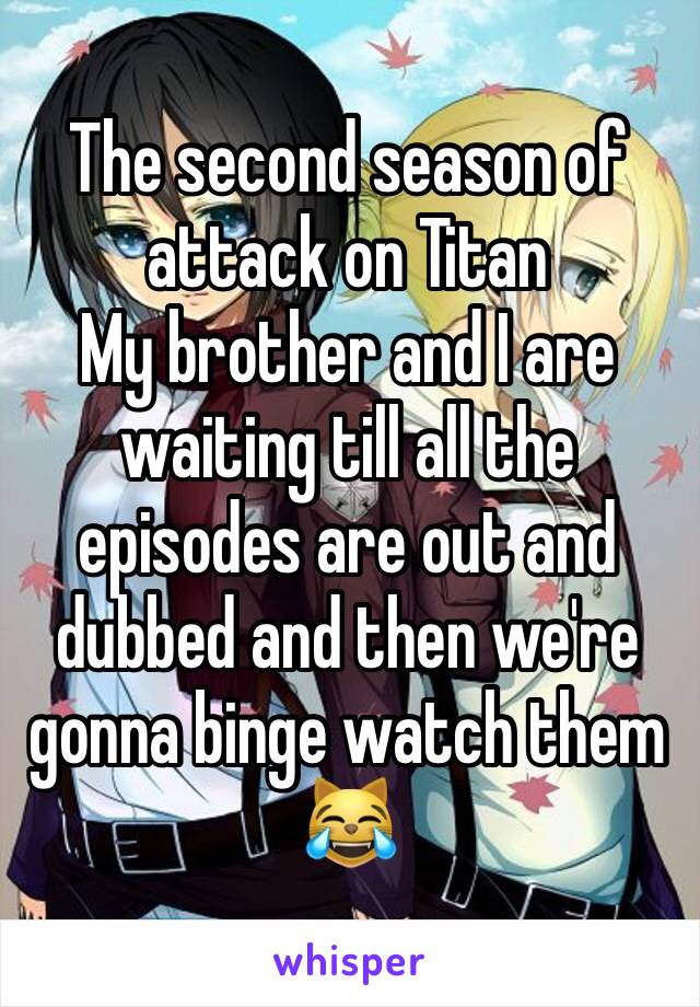 The second season of attack on Titan
My brother and I are waiting till all the episodes are out and dubbed and then we're gonna binge watch them 😹